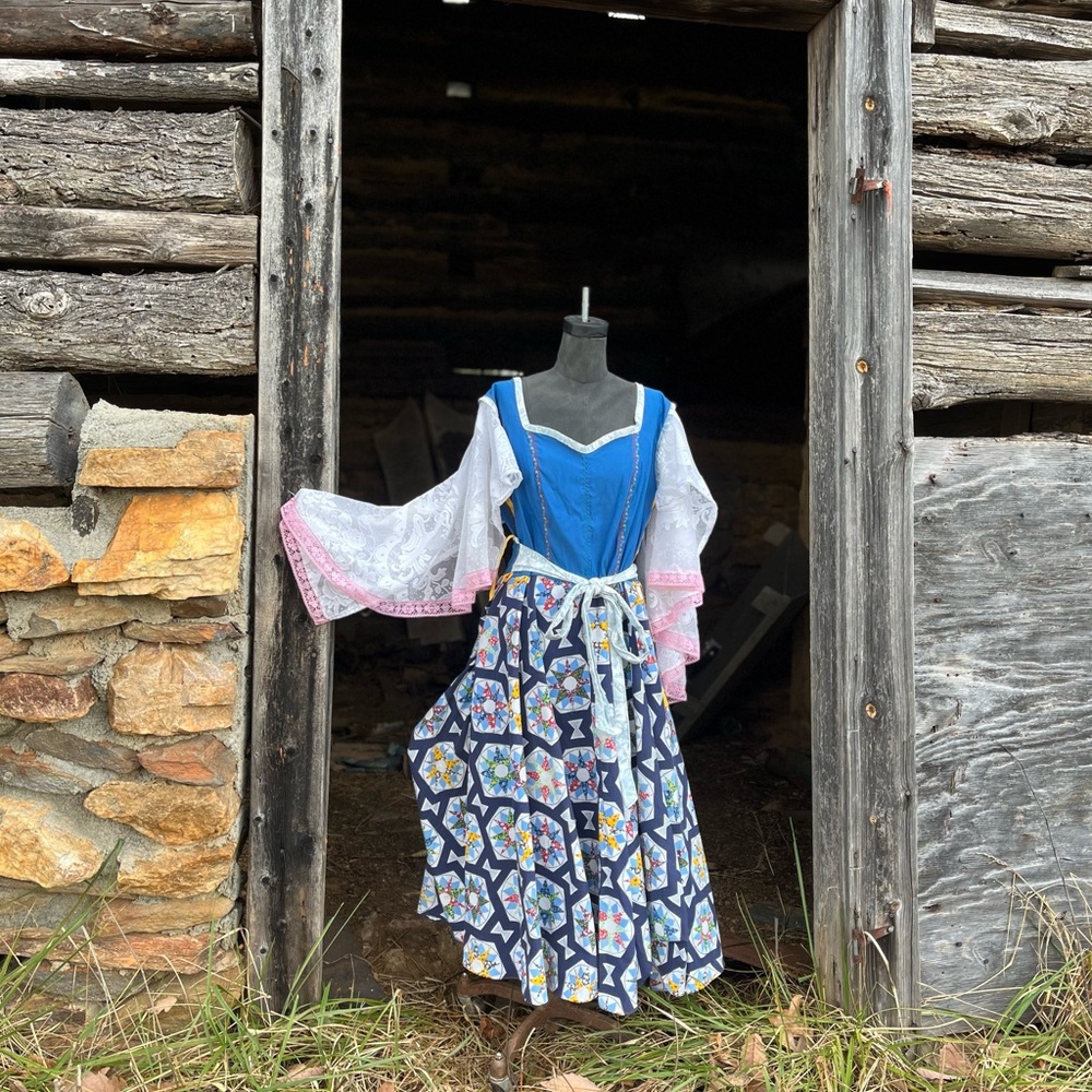 Blue Quilted Pattern Wrap Dress with Lace Sleeves